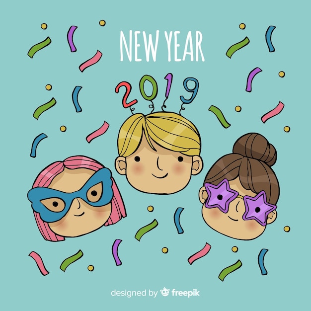 Fondo creativo de año nuevo 2019 dibujado a mano