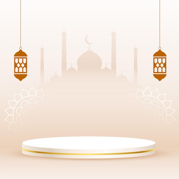 Vector gratuito fondo cultural de eid mubarak con podio 3d y mezquita