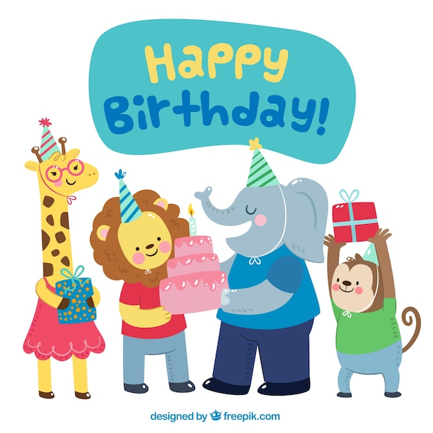 Fondo de cumpleaños con animales en diseño plano