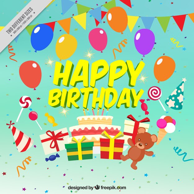 Fondo de cumpleaños colorido con globos y regalos