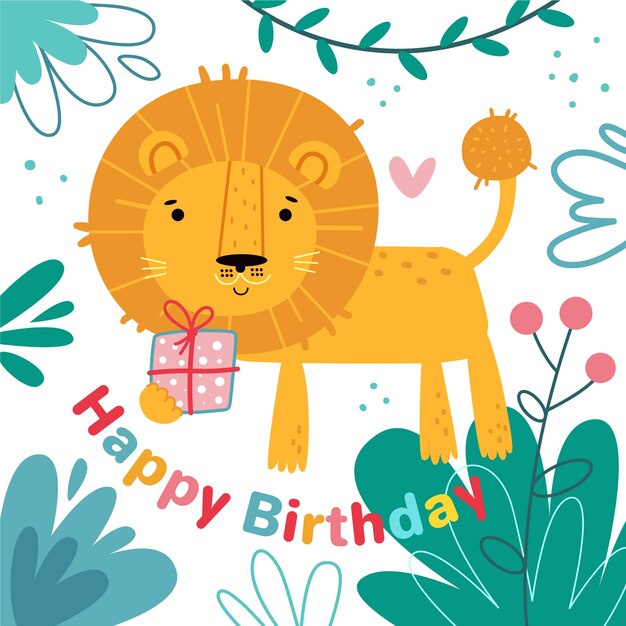 Fondo de cumpleaños dibujado a mano y león
