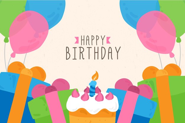 Fondo de cumpleaños dibujado a mano con pastel y regalos