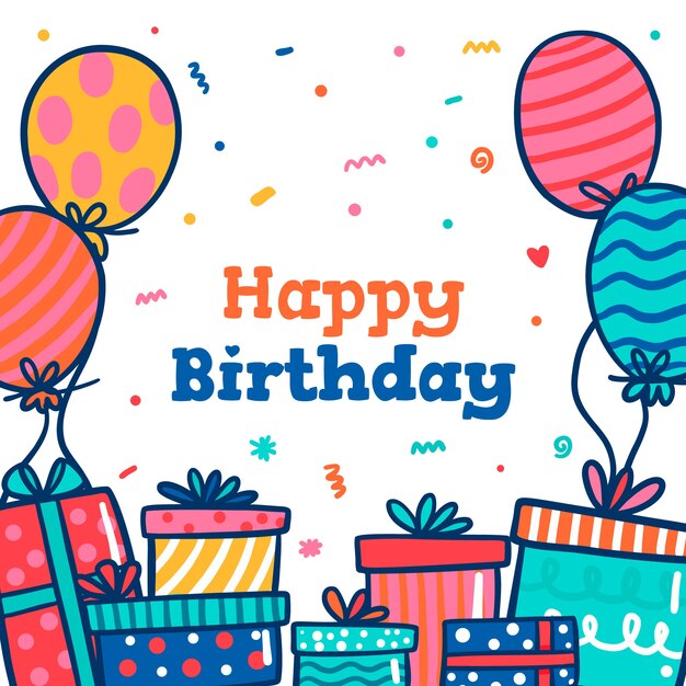 Fondo de cumpleaños dibujado a mano con regalos y globos