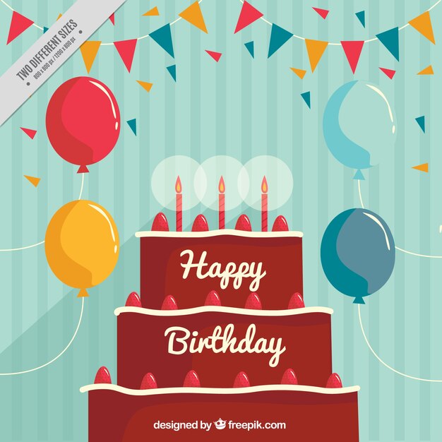 Fondo de cumpleaños fantástico con globos y tarta de chocolate