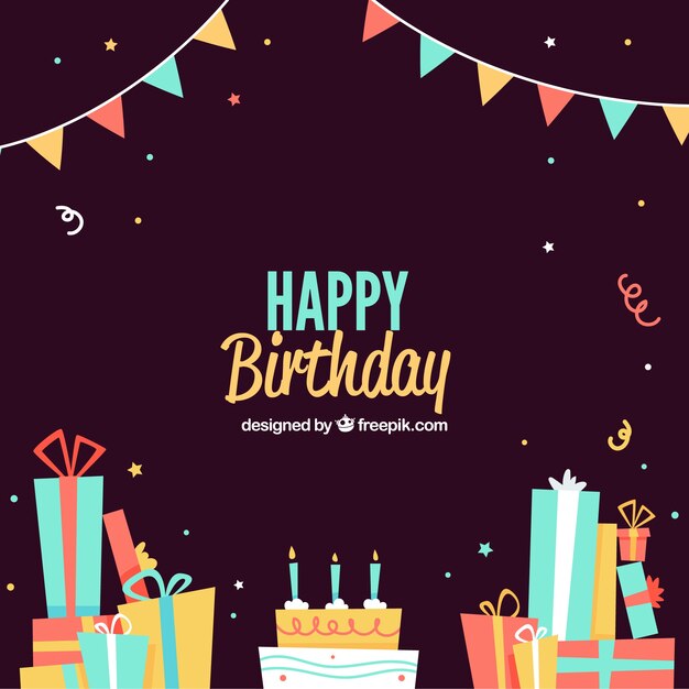 Fondo de cumpleaños oscuro con regalos y tarta