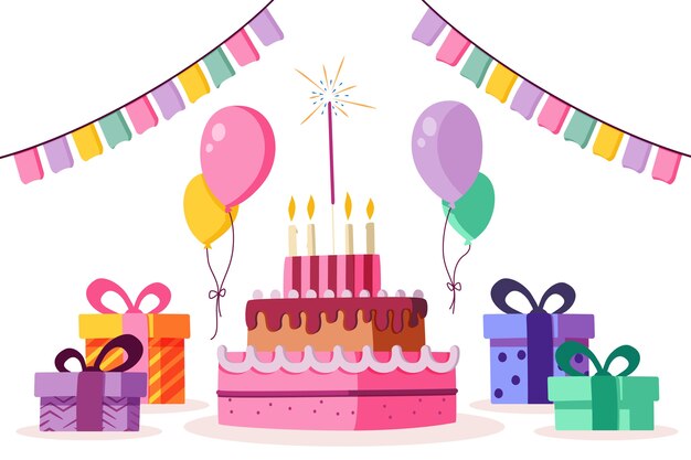 Fondo de cumpleaños con pastel y decoraciones