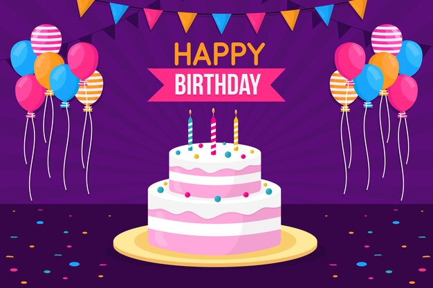 Fondo de cumpleaños con pastel y globos