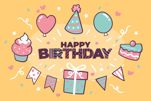 Fondo cumpleaños plano dibujado a mano
