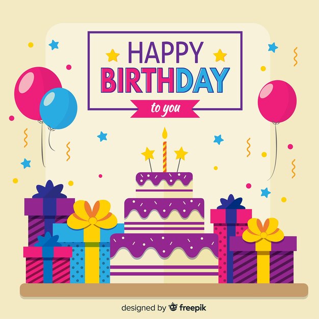 Fondo de cumpleaños con regalos y pastel