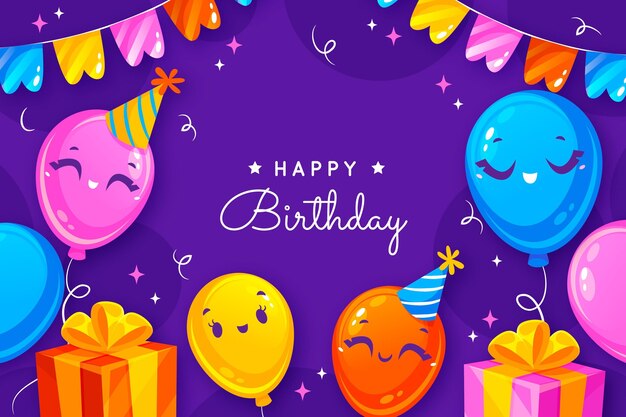 Fondo de cumpleaños con saludo y elementos planos.