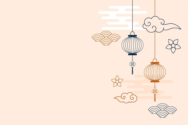 Vector gratuito fondo de decoración de nubes y lámparas chinas de estilo de línea con espacio de texto
