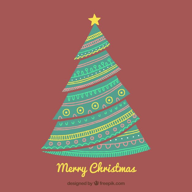Fondo de decorativo árbol de navidad con adornos dibujados a mano