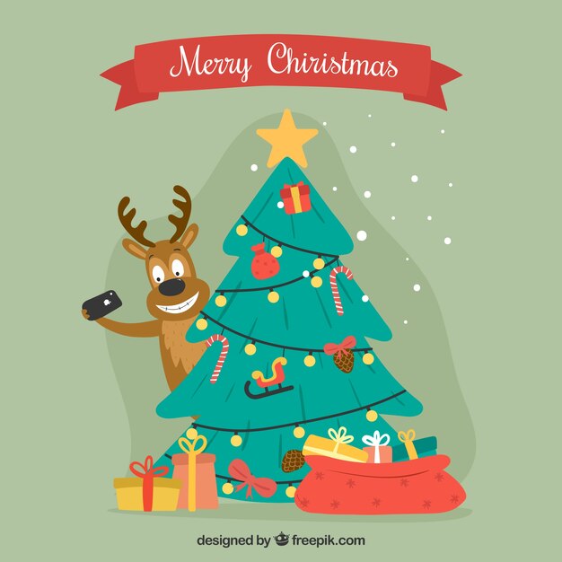 Fondo decorativo con árbol de navidad y simpático reno 