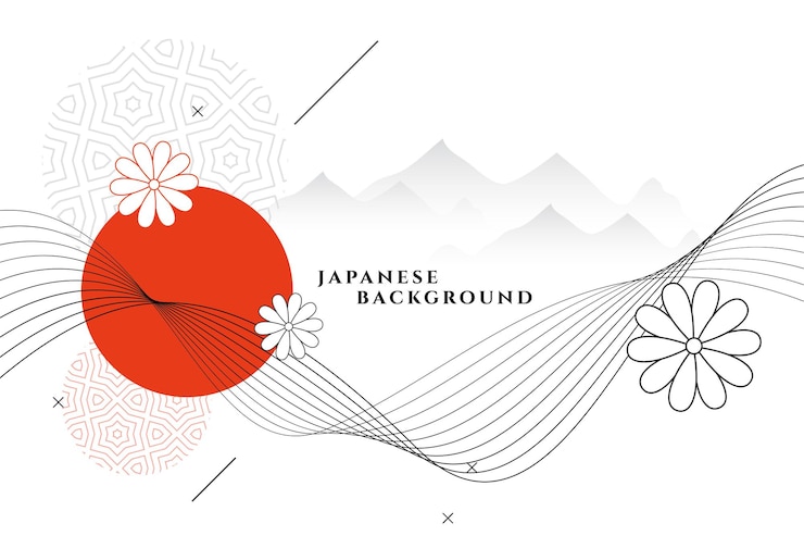 Vector gratuito fondo decorativo de estilo japonés con flores y montañas.