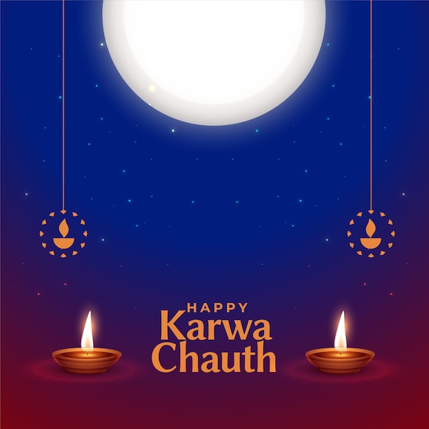 Fondo decorativo feliz karwa chauth con luna y diya