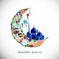 Vector gratuito fondo decorativo hermoso de la luna y la mezquita ramadan kareem