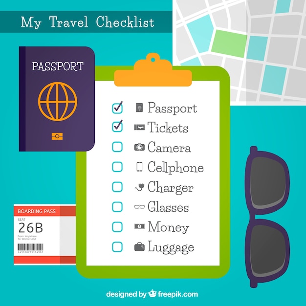 Fondo decorativo con lista de verificación de viaje