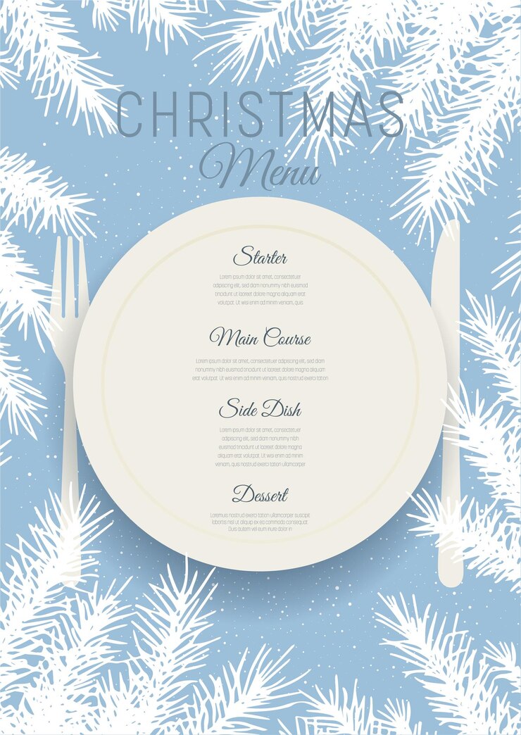 Vector gratuito fondo decorativo del menú navideño con plato y cubiertos