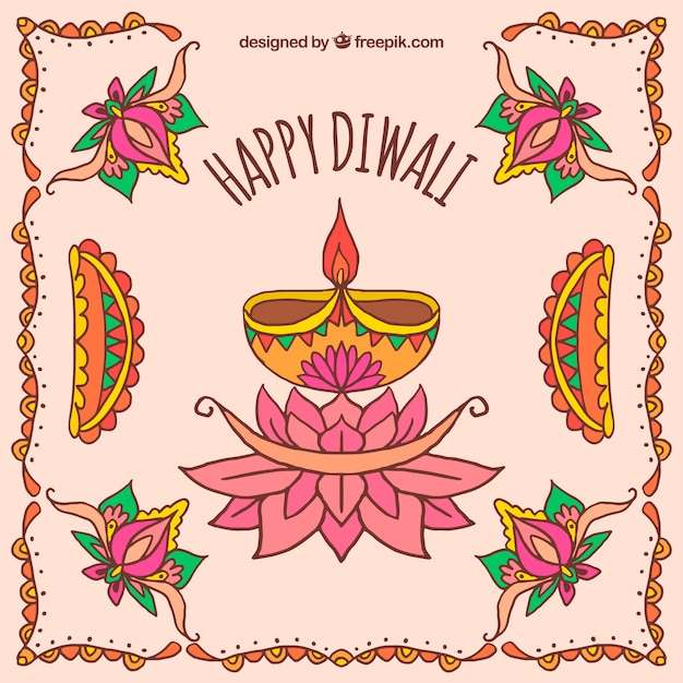 Vector gratuito fondo decorativo con velas de diwali y flores dibujadas a mano