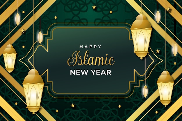 Fondo degradado de año nuevo islámico con linternas