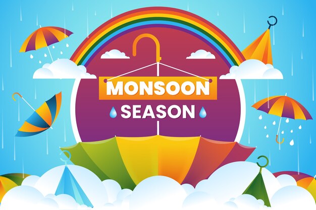 Fondo degradado de la temporada del monzón con arco iris y sombrillas