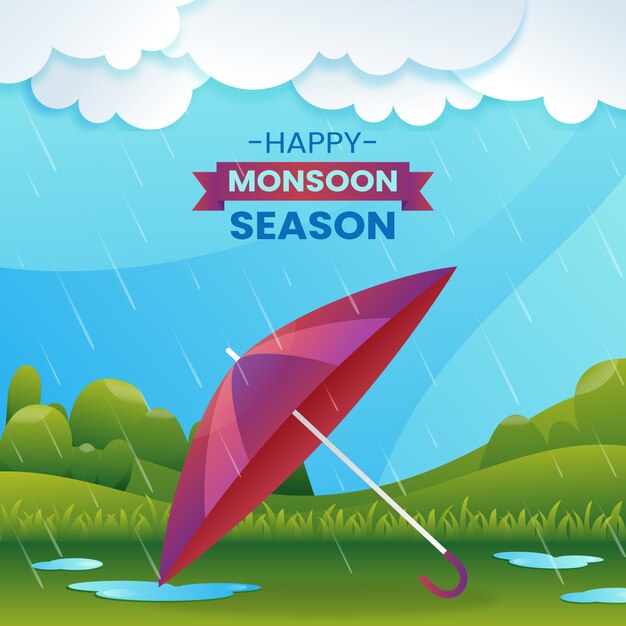 Fondo degradado de la temporada del monzón con paraguas bajo la lluvia
