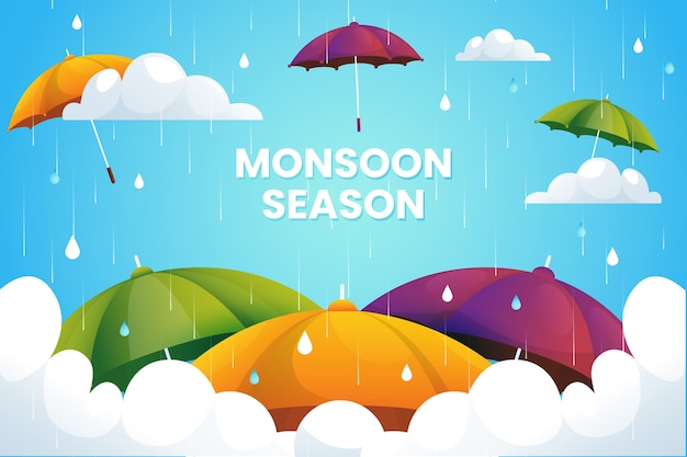 Fondo degradado de la temporada del monzón con sombrillas y nubes