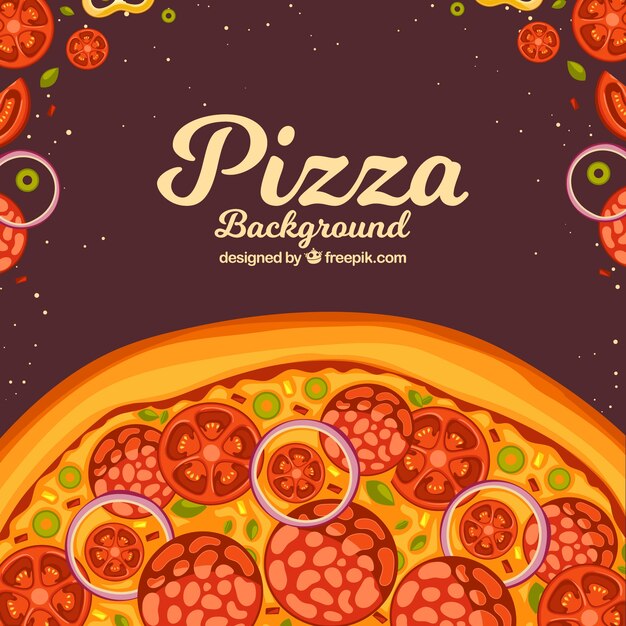 Fondo de deliciosa pizza con salami y cebolla