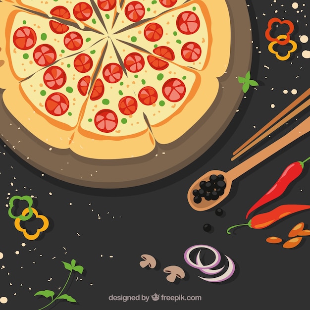 Fondo de deliciosa pizza con tomate 