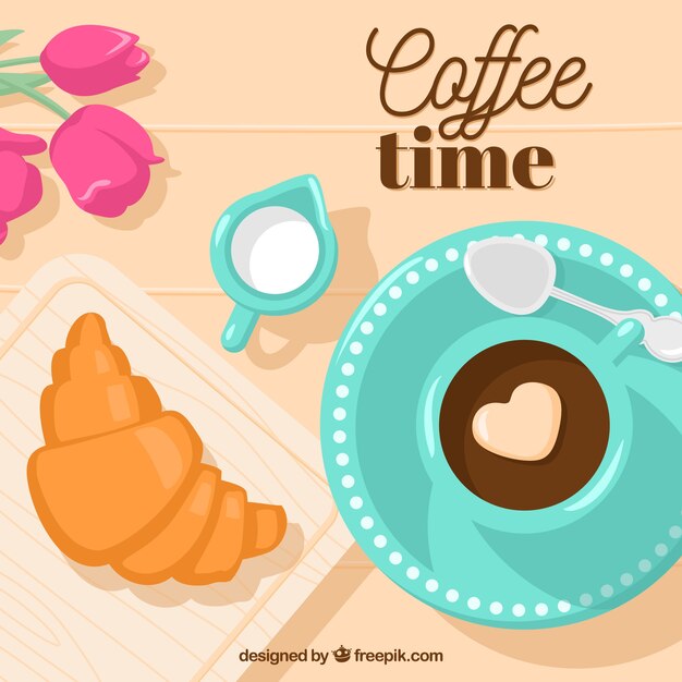 Fondo de delicioso desayuno con un corazón en el café