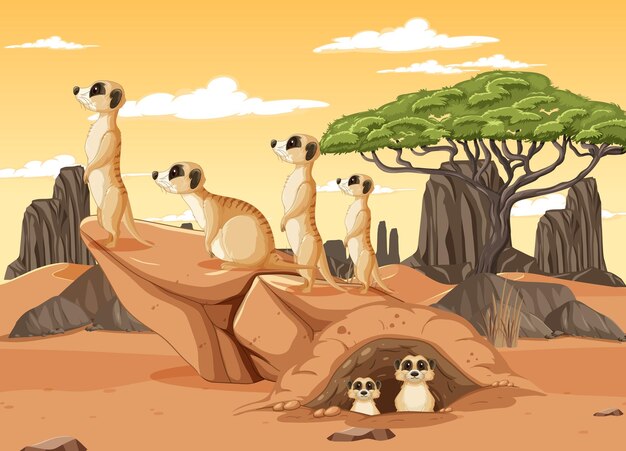Fondo del desierto con un grupo de suricatas