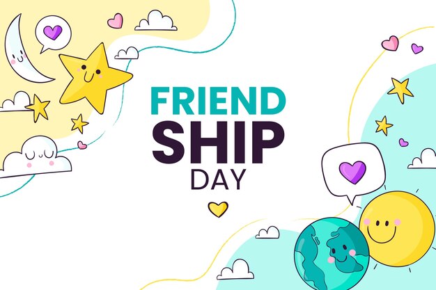 Fondo del día de la amistad dibujado a mano con estrellas y planetas