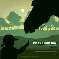 Vector gratuito fondo del día de la amistad con silueta de niña y caballo