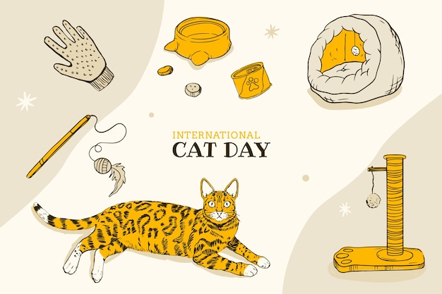 Fondo del día internacional del gato dibujado a mano con gato y elementos
