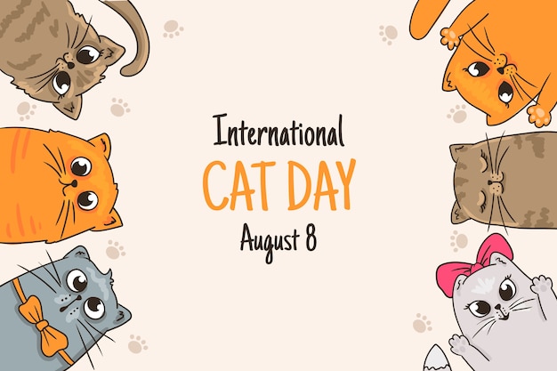 Fondo del día internacional del gato dibujado a mano con gatos