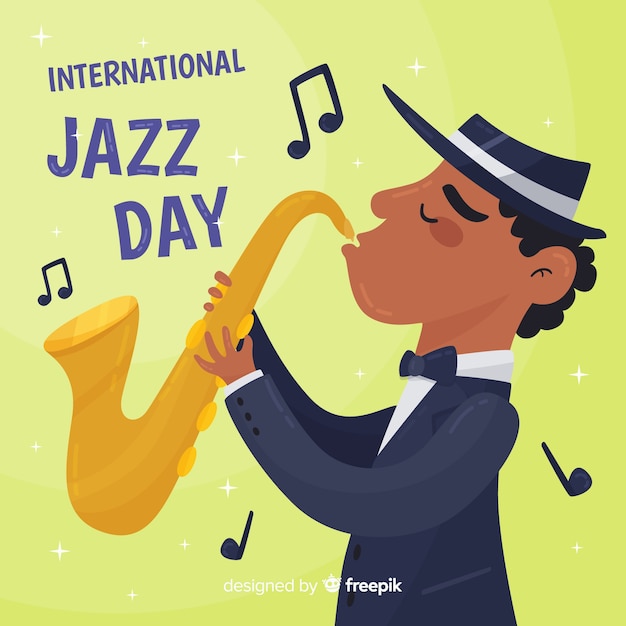 Vector gratuito fondo día internacional del jazz saxofonista dibujado a mano