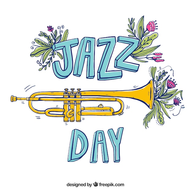 Fondo del día de jazz con elementos florales dibujados a mano