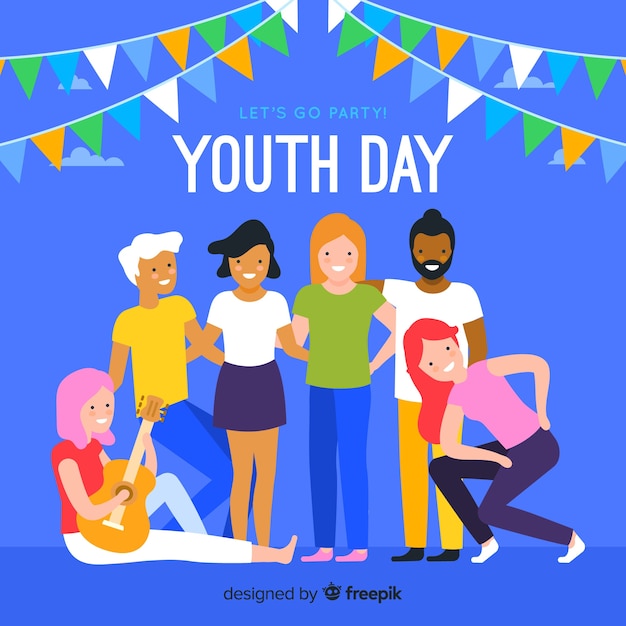 Vector gratuito fondo del día de la juventud con gente joven en diseño plano