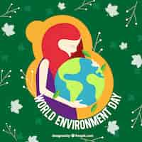 Vector gratuito fondo del día del medio ambiente  con mujer abrazando al mundo