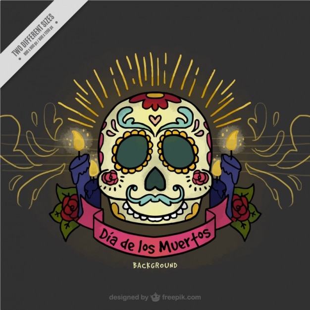 Vector gratuito fondo del día de los muertos con calavera mexicana y velas