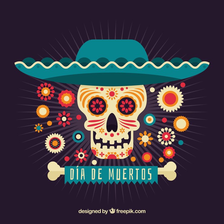 Vector gratuito fondo del día de muertos con calavera y sombrero mexicano 