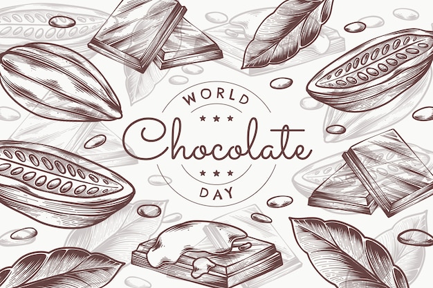 Vector gratuito fondo del día mundial del chocolate dibujado a mano con chocolate y cacao en grano
