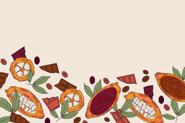 Fondo del día mundial del chocolate dibujado a mano con granos de cacao