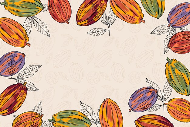 Fondo del día mundial del chocolate dibujado a mano con granos de cacao