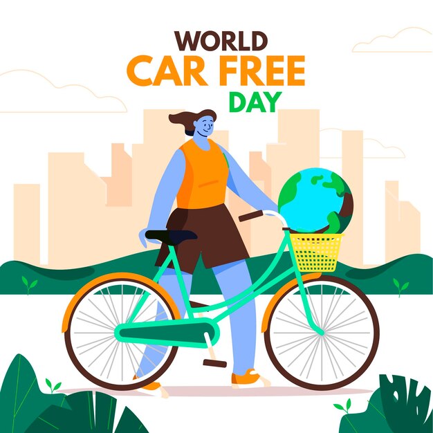 Fondo del día mundial sin coches de diseño plano con mujer