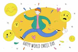 Vector gratuito fondo del día mundial del emoji dibujado a mano con persona corriendo