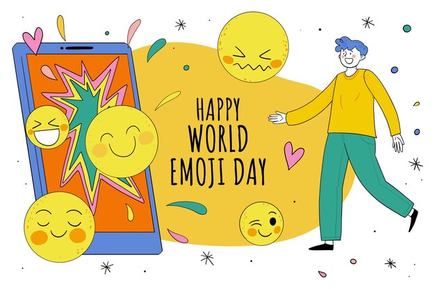 Fondo del día mundial del emoji dibujado a mano con persona y teléfono inteligente