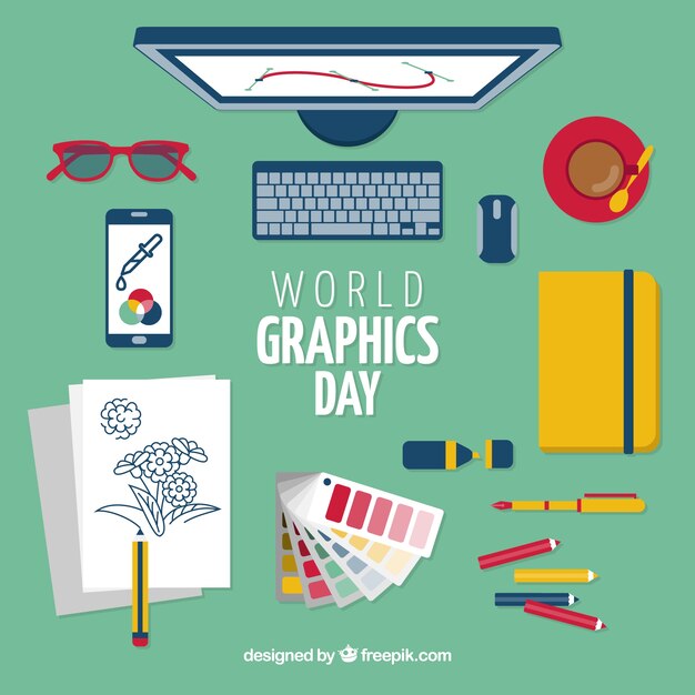 Fondo de día mundial de los gráficos con herramientas de trabajo