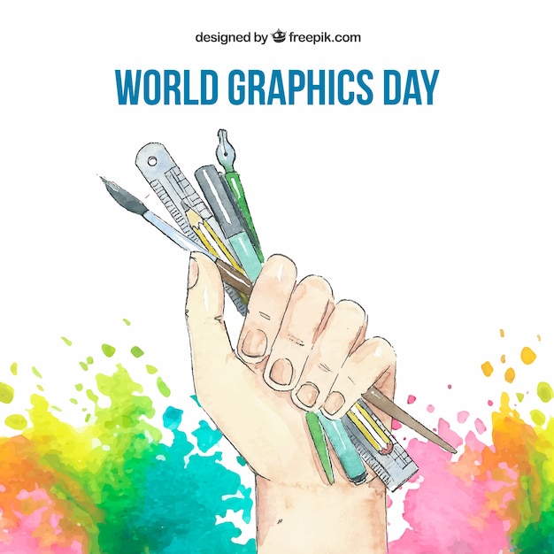 Fondo de día mundial de los gráficos con mano sosteniendo herramientas para dibujar en estilo acuarela