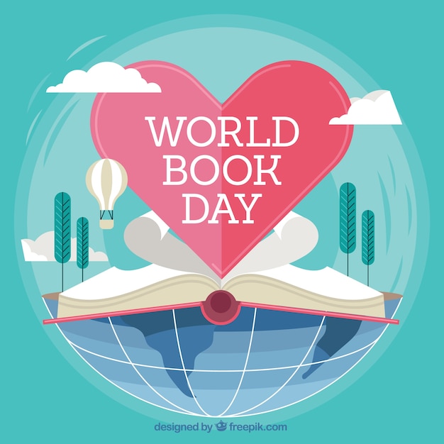 Vector gratuito fondo del día mundial del libro con libro abierto y corazón